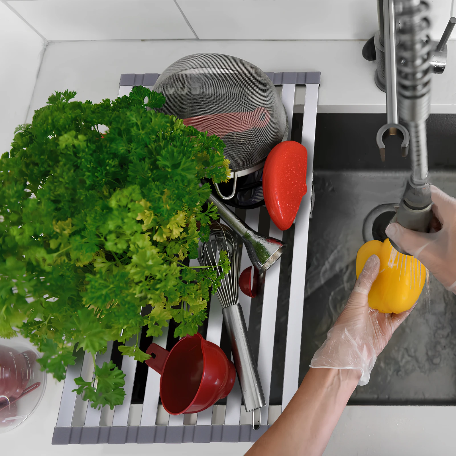 

Foldable Kitchen Sink Drain Rack Drying Grey Collapsible Compact Dishwasher Friendly Metal Strainer Expandable Fold Design Space