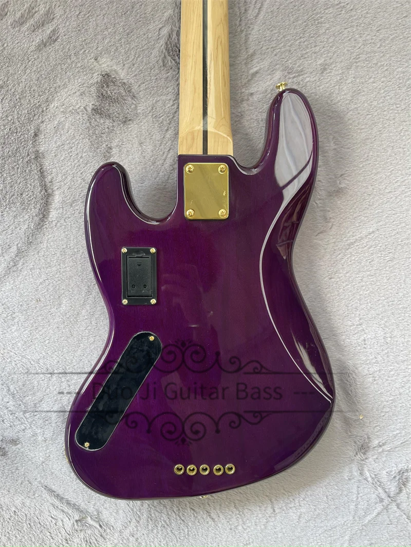 Purple Bass Guitar with Fixed Bridge, Burl Maple Top, Maple Fingerboard, White Pearl Inlay, 5 Strings，gold hardware