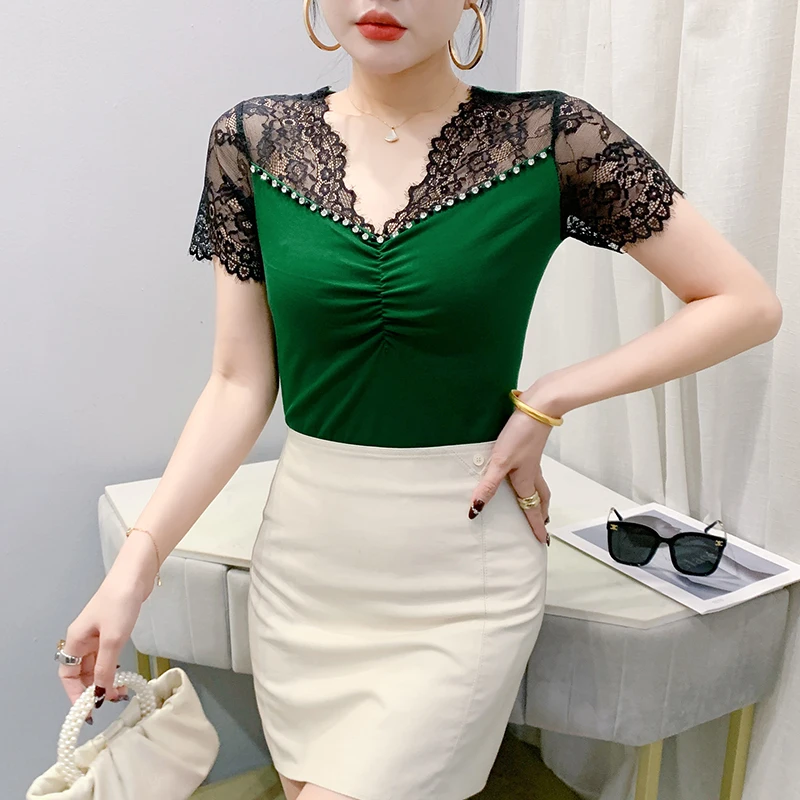 2025 été nouvelle mode Patchwork dentelle chemise à la main perlée femmes t-shirt mince coréen à manches courtes décontracté hauts