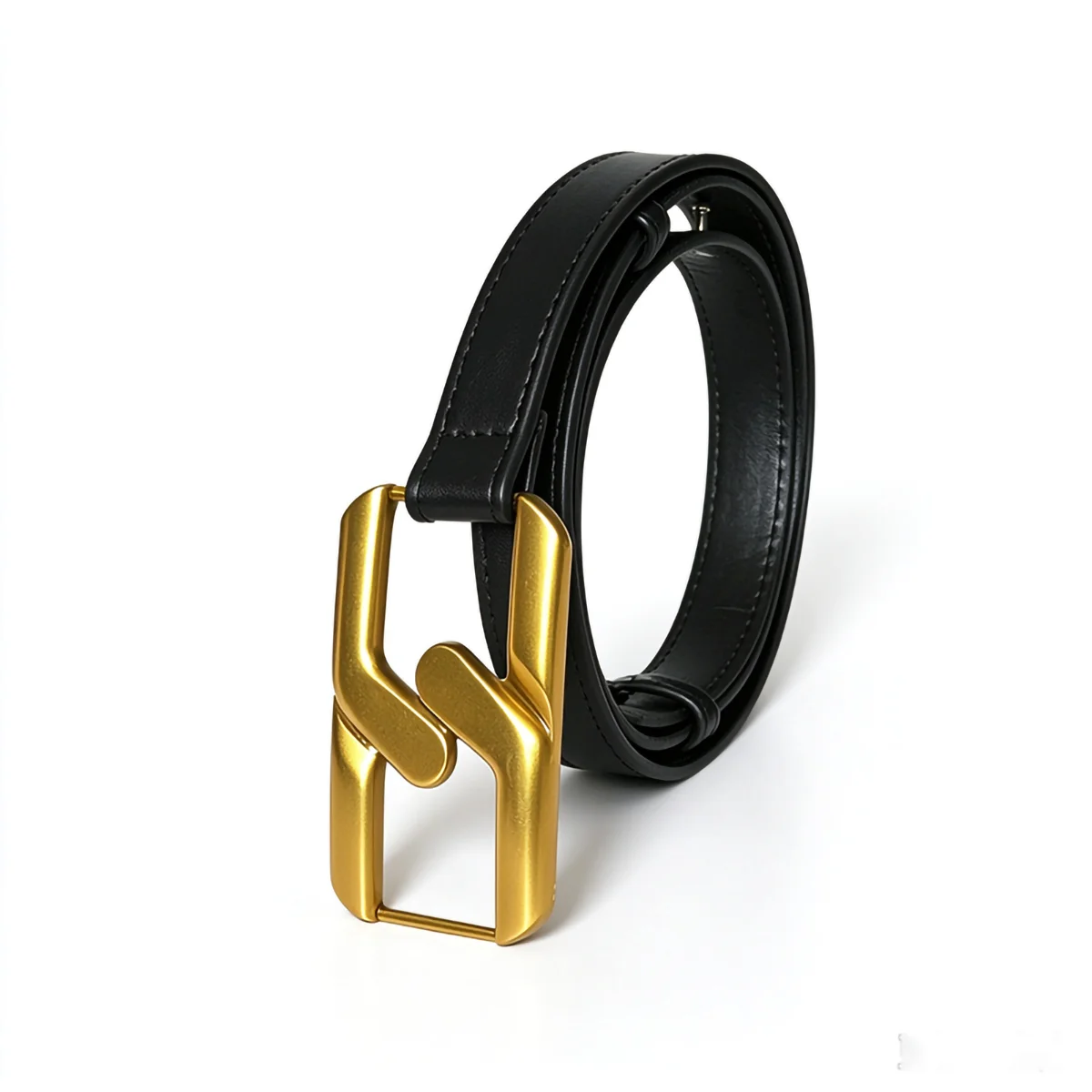 Women PU Thin Belt Hollow Quadrilateral Geometric Gold Slider Buckle Small Waist Belt for Jeans Dresses Streetwear