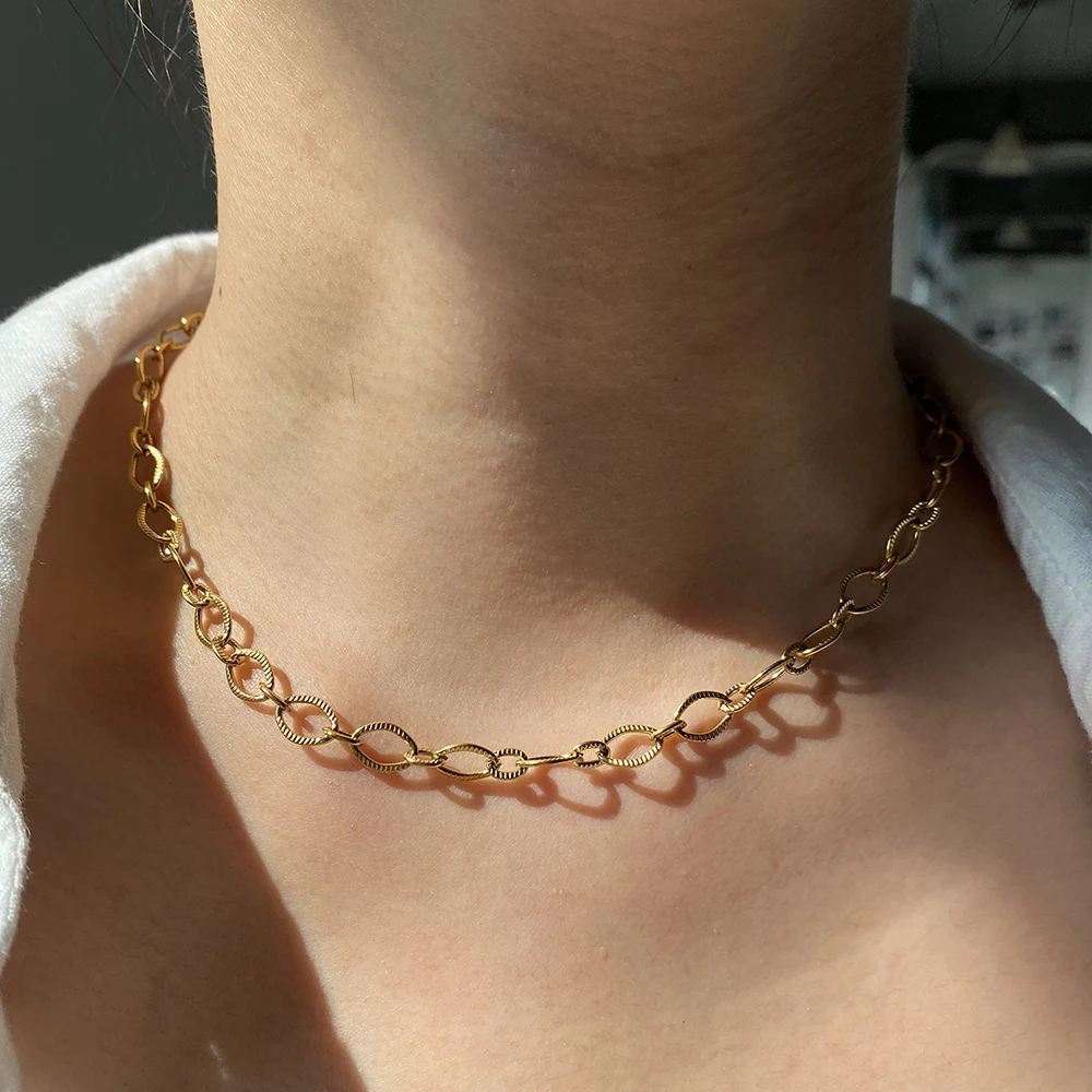 Chunky Round Cuban Chain Necklace Golden Titanium Steel Women Choker Hiphop Link Stainless Steel Necklaces With Extend Chain