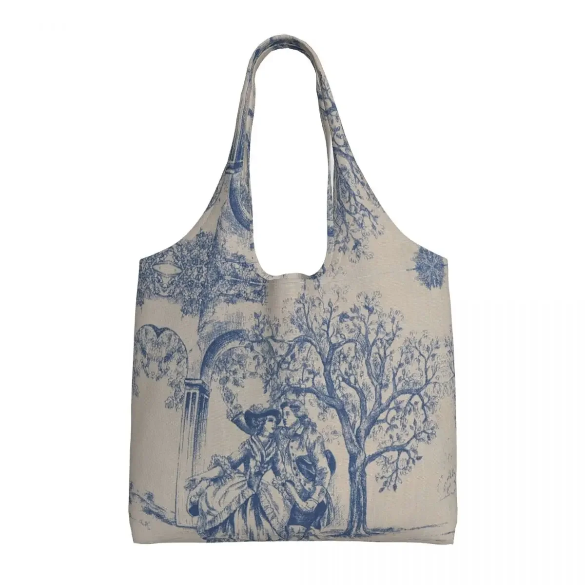 วินเทจคลาสสิกฝรั่งเศส Toile De Jouy น้ําเงินรูปแบบ Motif Shopping Tote กระเป๋า Reusable ร้านขายของชําผ้าใบ Shopper กระเป๋าสะพาย