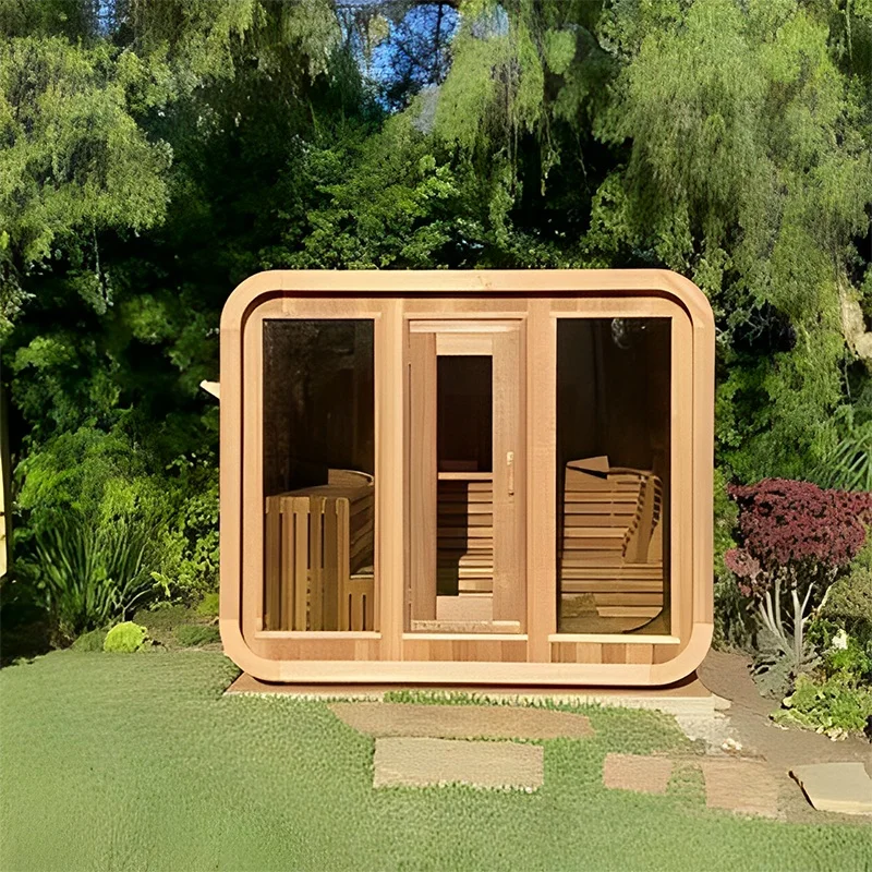 High Quality Modern Design Outdoor Large Cube Sauna Room Red Cedar with Hemlock Solid Wood for Villas