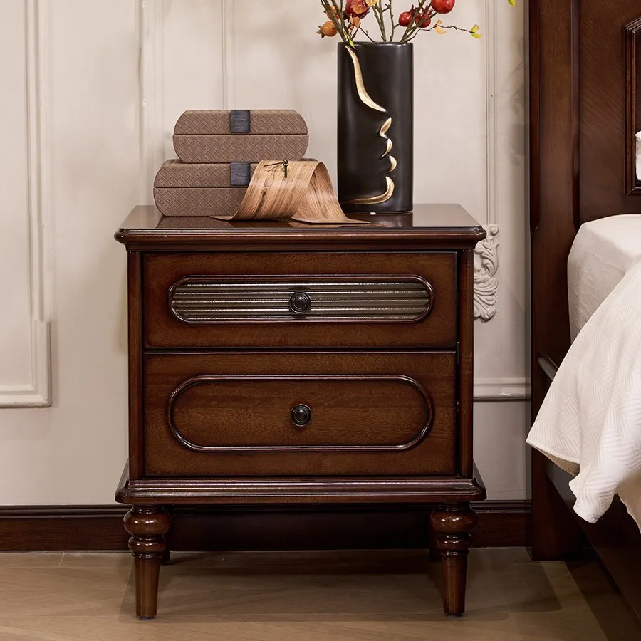 French rural retro solid wood bedside table double draw antique bedroom bedside table American modern simple locker