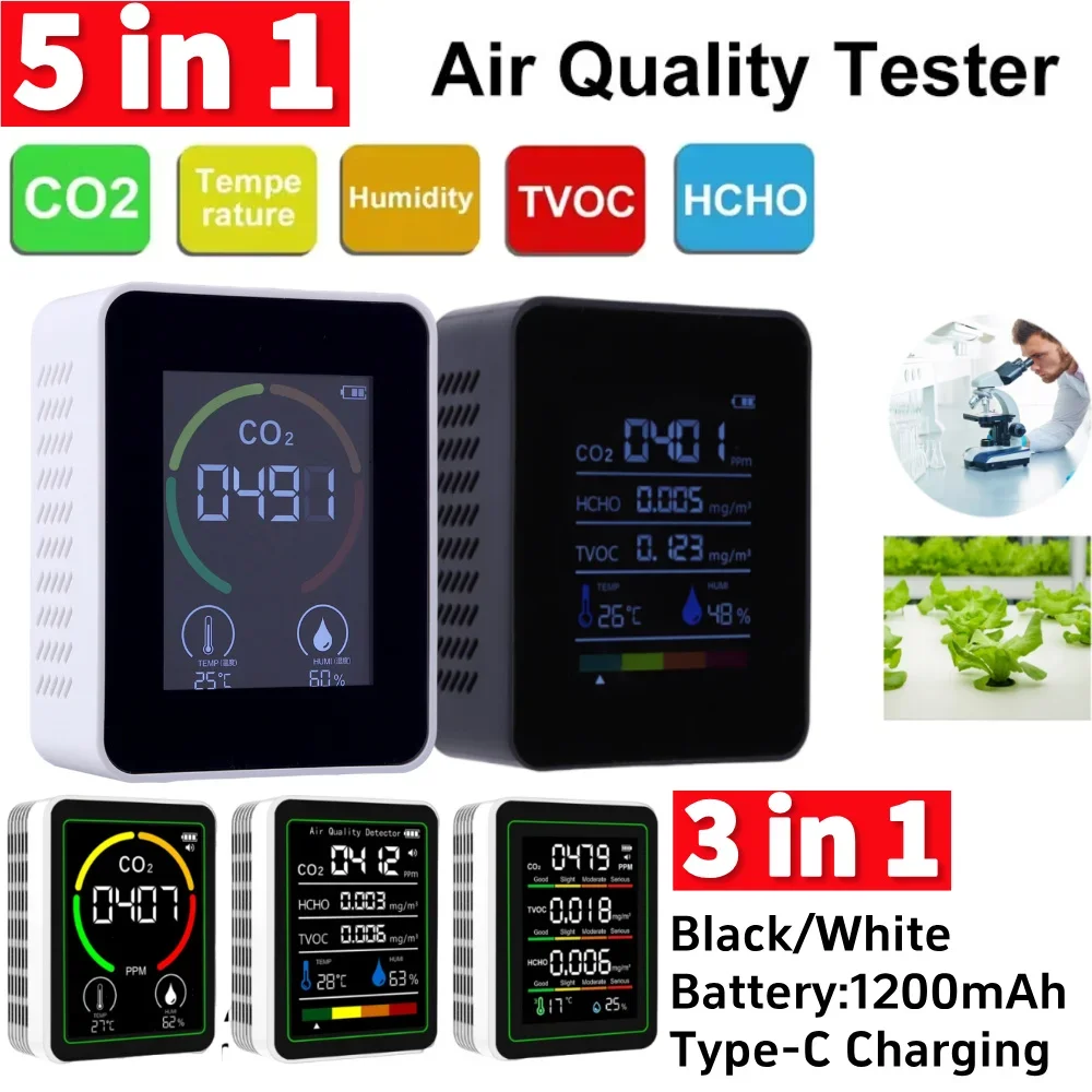 

Многофункциональный измеритель CO2 5 в 1, цифровой тестер температуры и влажности, детектор углекислого газа TVOC HCHO, монитор качества воздуха