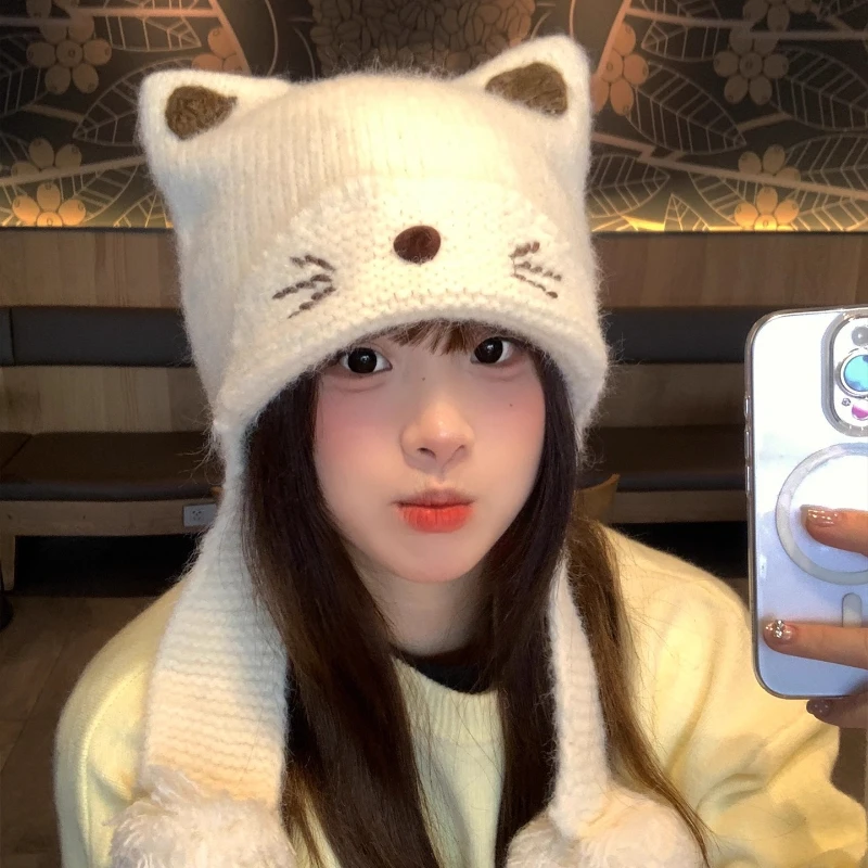

Вязаные шапки с милыми кошачьими ушками Y2K, осенне-зимняя теплая защита ушей для путешествий, универсальные женские шапки с помпоном и ремешком