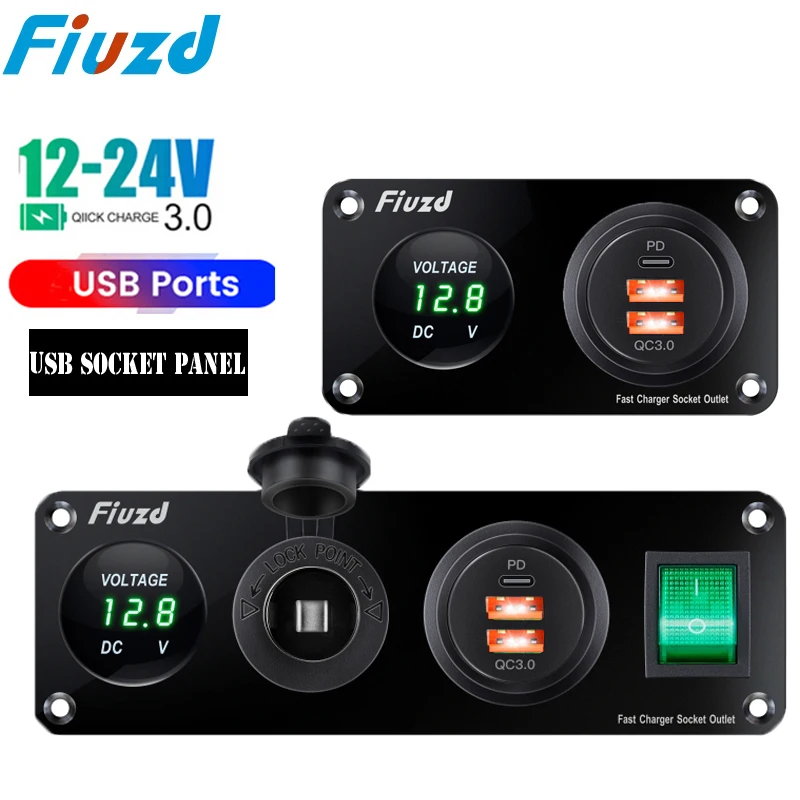 

12V USB Socket Panel Quick Charge 3.0 PD USB C Socket Outlet Cigarette Lighter Adapter for Car Boat RV Motorcycle