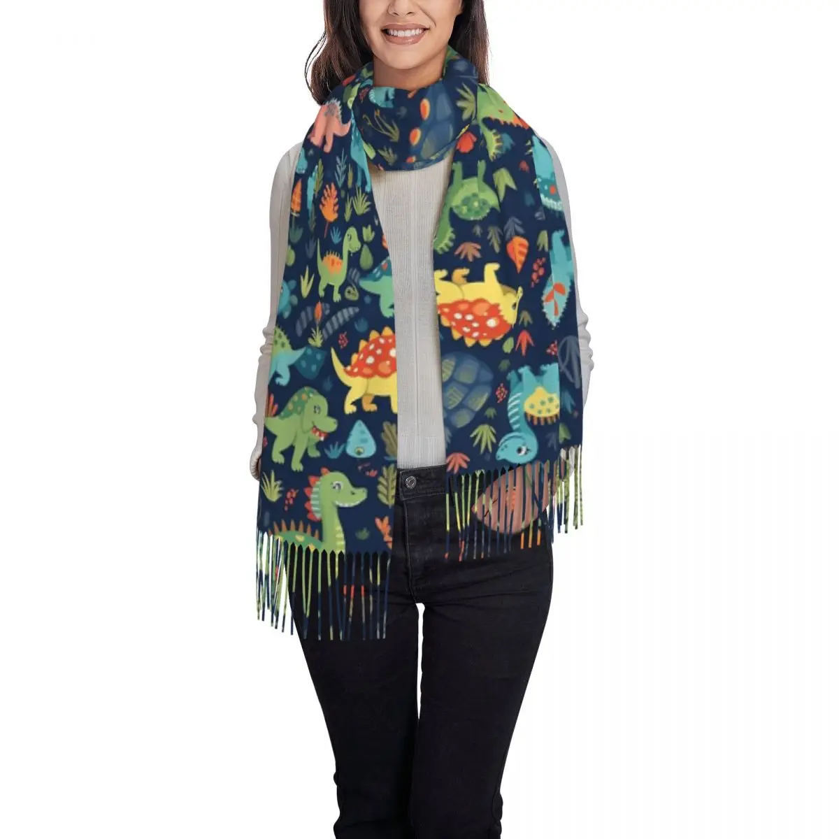 Cartoon Cute Dinosaur Pattern Scarf Tassel Scarves Women Soft Warm Shawls and Wraps Long Fall Winter Shawl Wrap