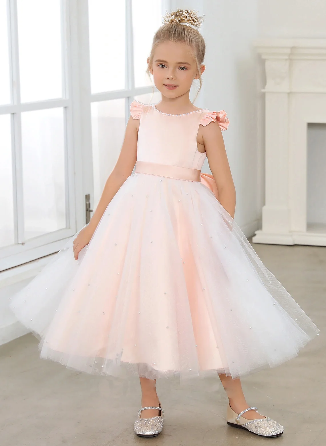 

A Line Scoop Tea Length Satin Flower Girl Dress Pageant Formal Party Ball Gown Dress Junior Bridesmaid Dress