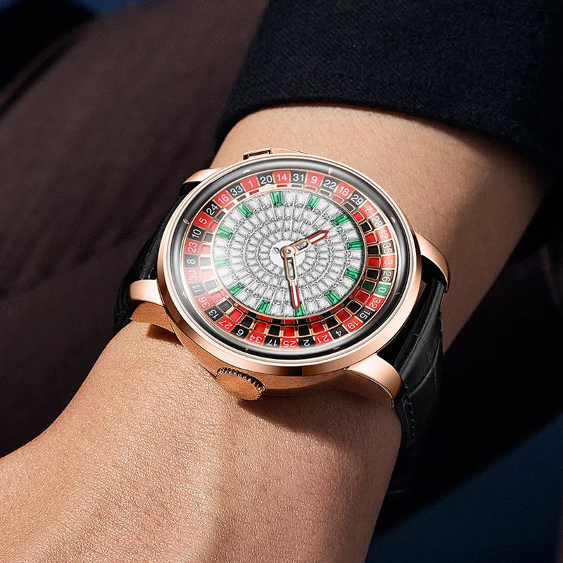 هانبورو ساعة أوتوماتيكية للرجال 46 مللي متر ساعة يد ميكانيكية فاخرة قابلة للتدوير لعبة الروليت الهاتفي الياقوت مضيئة 118 قطعة كريستال