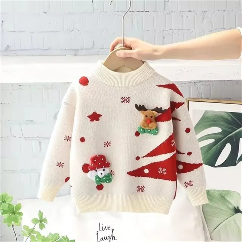 New Kids Christmas Sweaters Winter Girls Print Knit Clothes Children Xmas Cotton Pullover Autumn Warm Knitwear Tops 1-6 Years