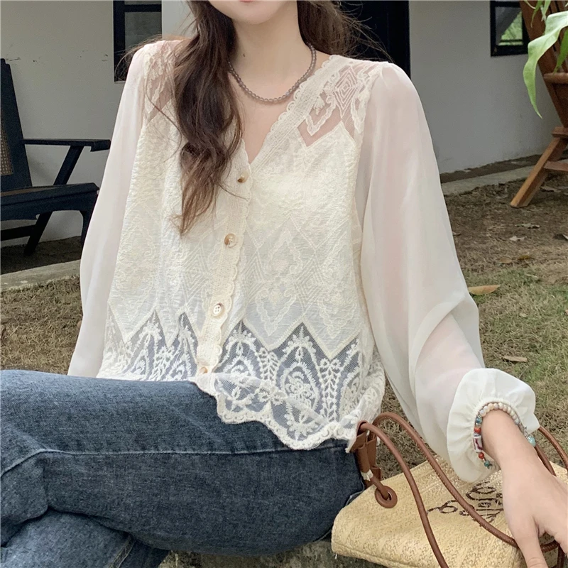 REALEFT 2024 New Lace Crochet Women\'s Blouses Spring Summer Patchwork Korean V-Neck Long Sleeve Single Breated Shirts Female