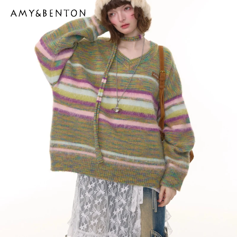 

2025 Autumn Winter New Design Women's Clothing Retro Splicing Striped Soft Green V-Neck Loose Slimming Versatile Sweaters Ladies