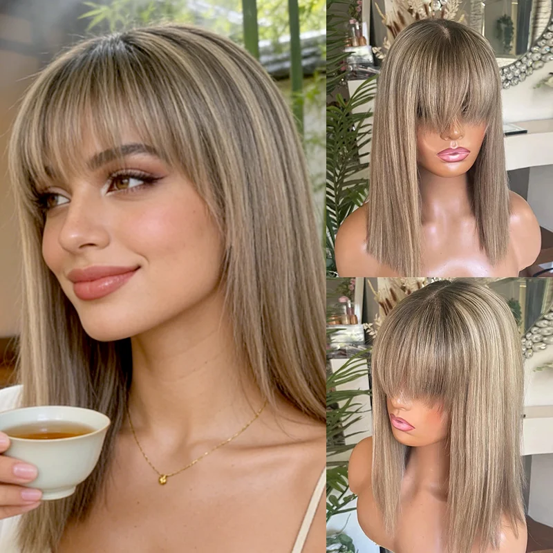 

Невидимый прозрачный парик омбре с коричнево-русскими оттенками и челкой, синтетический парик HD с кружевной передней частью для женщин