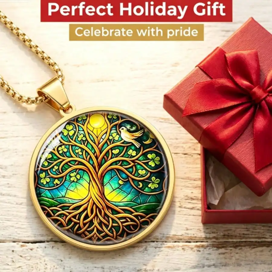 Tree Of Life Pendant Necklace, Unisex, Gold Plated Stainless Steel, Stained Glass & Clover Print, Daily Wear & Spiritual Themed Gift Jewelry