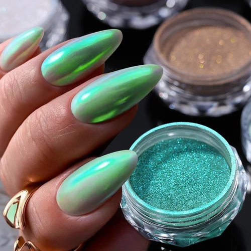 Aurora perla uñas brillo polvo cromo gradiente verde blanco frotar en polvo espejo pigmento magnético reflectante decoración de uñas