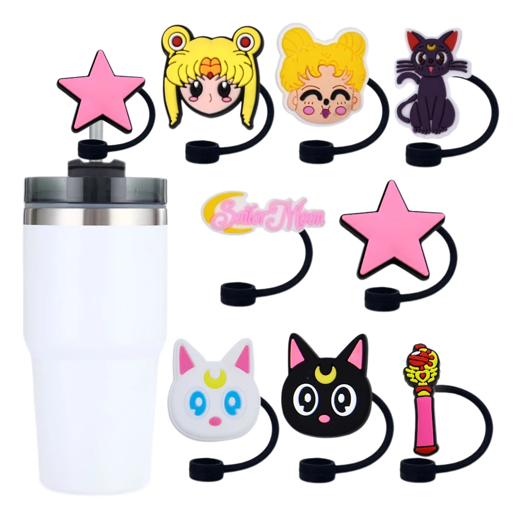 

8pcs MINISO japanese anime Straw Cover Cap 10MM Drink Straw Plug Reusable Fit Cup Accessories Straw Cap Charms Pendnt child gift