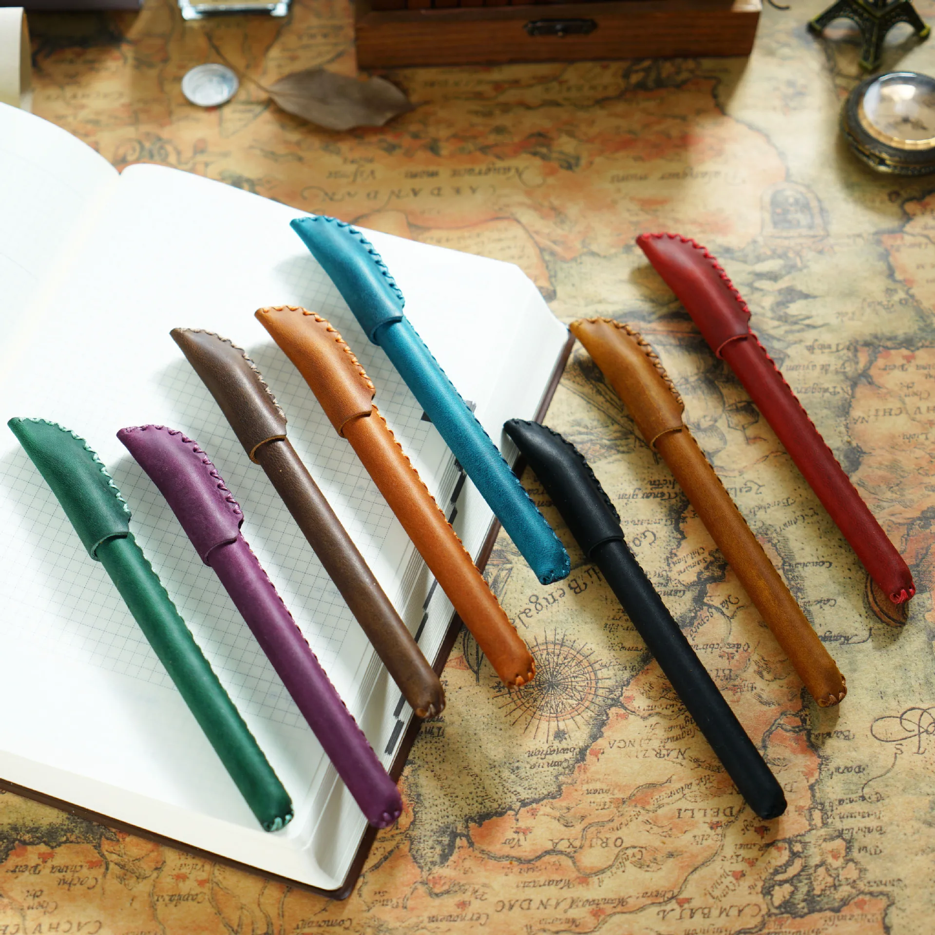 Handmade Cowhide Pen Case, Crazy Horse Leather Pouch Retro Stationery Bag for School Office Rollerball Holder (Pen Not Included)