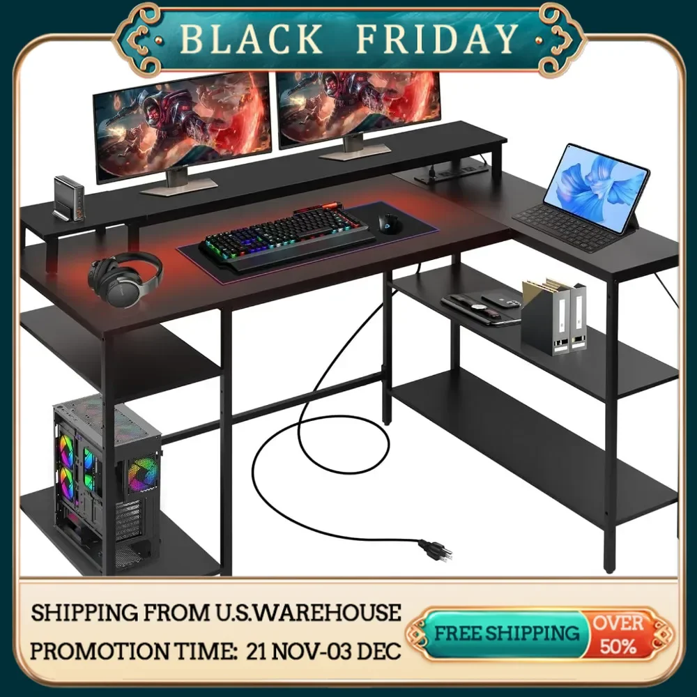 

L-shaped Gaming Table with LED Lights and Power Sockets, Reversible Computer Desk with Stand and Shelf, and USB Charging Port