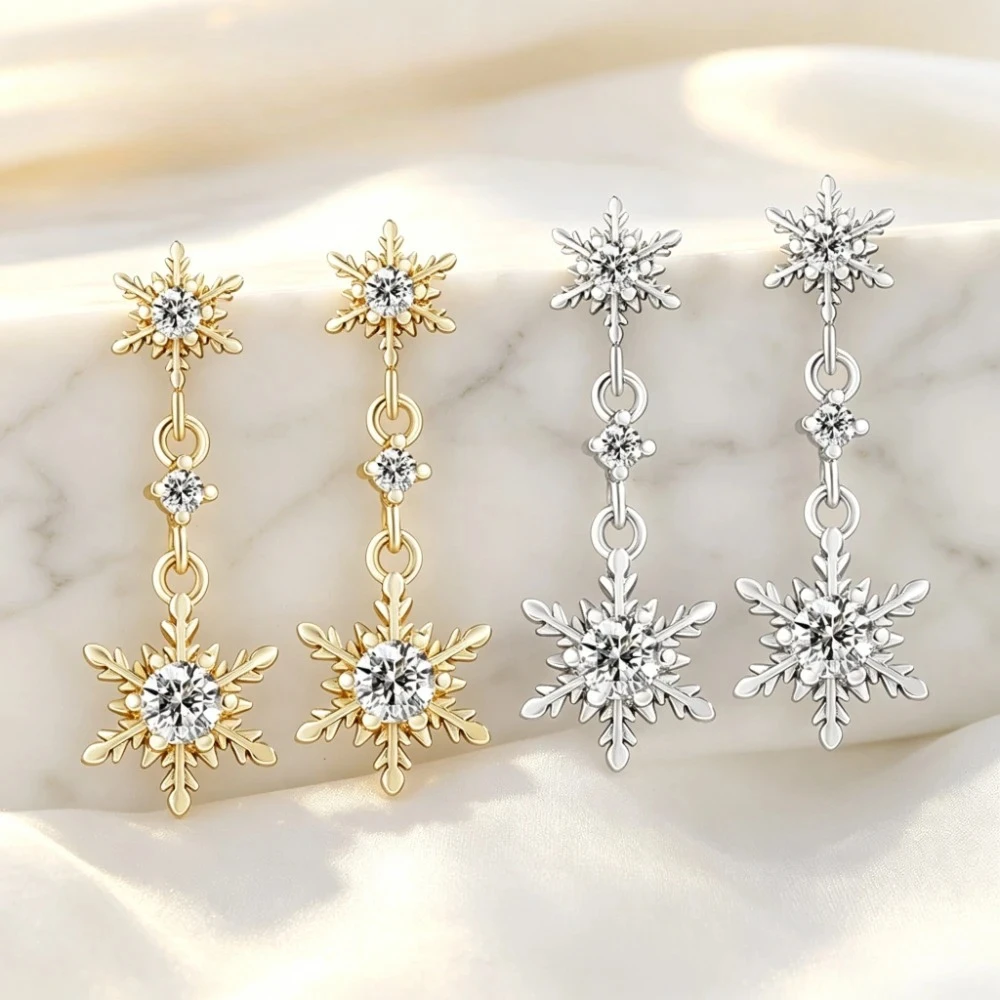 Women's 925 Sterling Silver Trendy Fringed Sparkly Zirconia Snowflake Stud Earrings Luxurious Ear Pendants