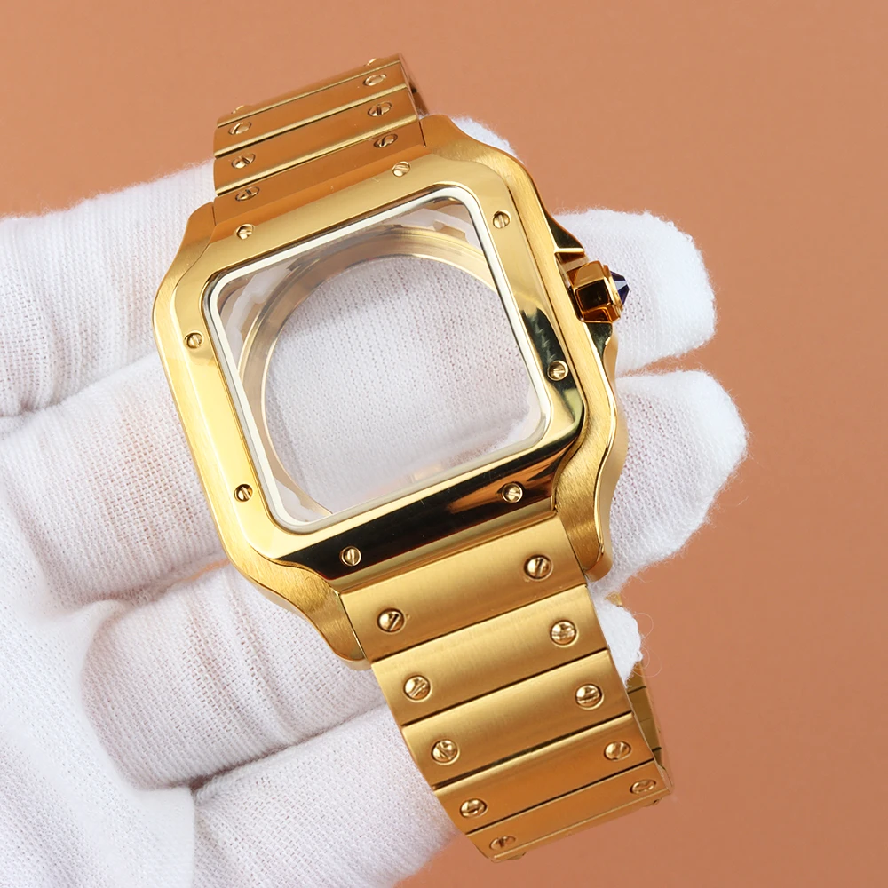 Gold NH35 Case Stainless Steel Strap 38mm for Santos Square Watch Case Waterproof For NH35 NH36 NH38 Movement NH35 Mods Parts