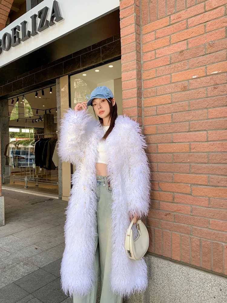 Lady Shaggy Outerwear Faux Fur Coat Stylish Long Jacket Streetwear Women's Clothing Performance Costume Promotion