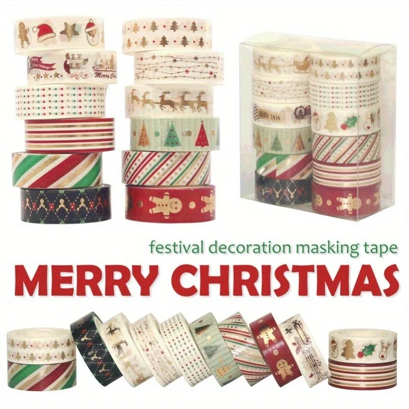 Diy decorativo washi fita adesivos coloridos festa de natal série mão diário adesivos fita adesiva 12 rolos/conjunto