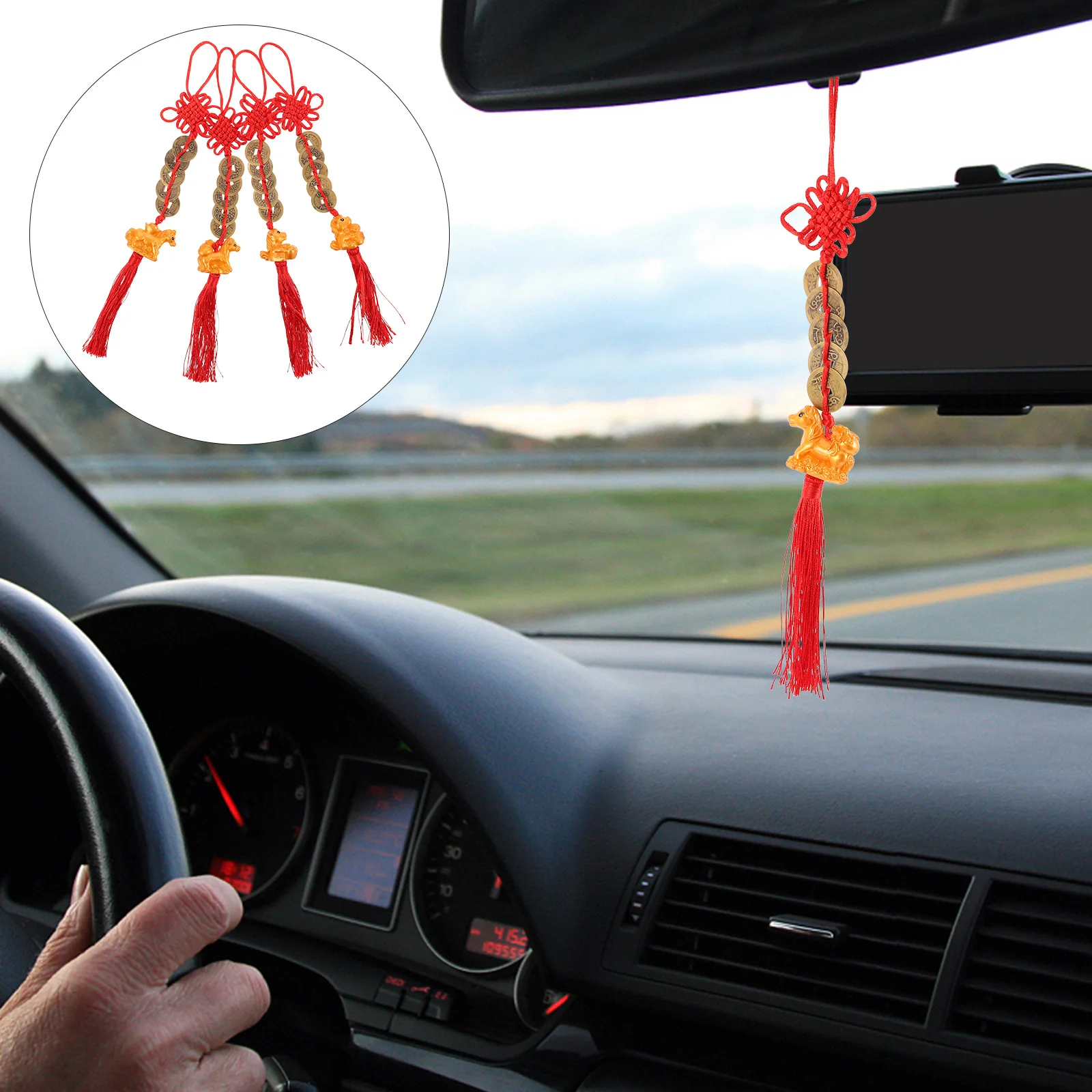 

4pcs Lucky Horse Keychain With Five Emperor Coins 2026 Chinese New Year Car Hanging Pendant For Home Decoration Feng Shui Wealth