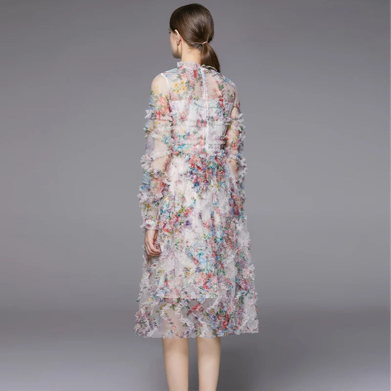 Vestido E de Chiffon com Manga Longa para Outono e Inverno, Saia em Camadas de Cintura Alta, Manga Princesa, Estampa F...