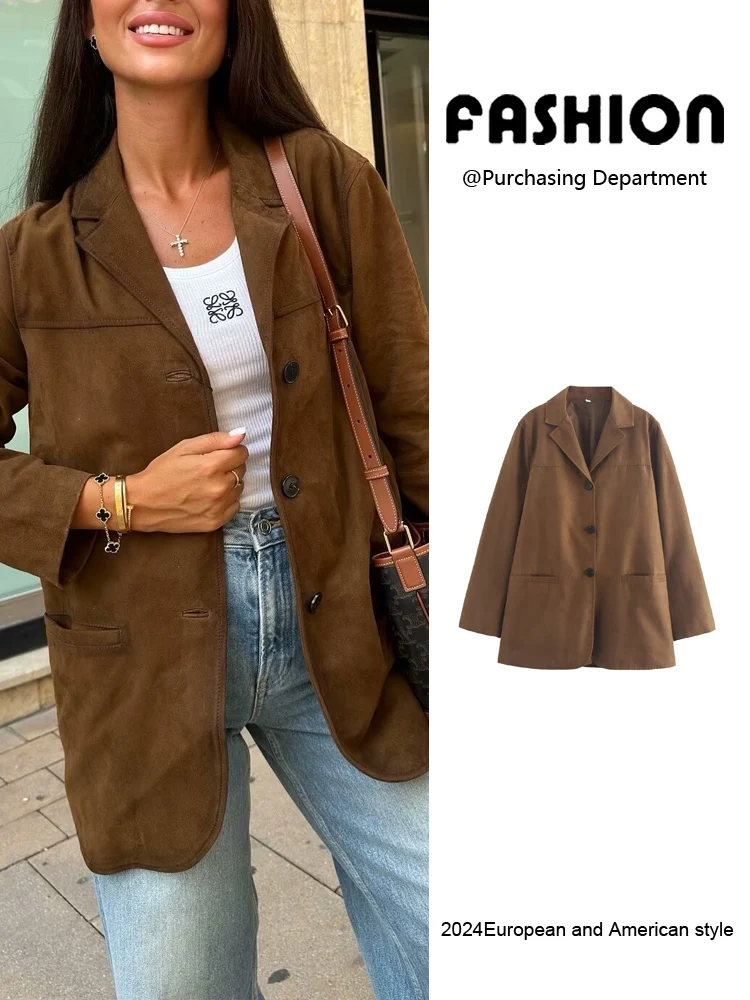 

Faionable ort Brown Suede Leather Jaet Women's Outerwear Autumn New Arrival ZA2024 Commute Sle Loose Fit Long Sve