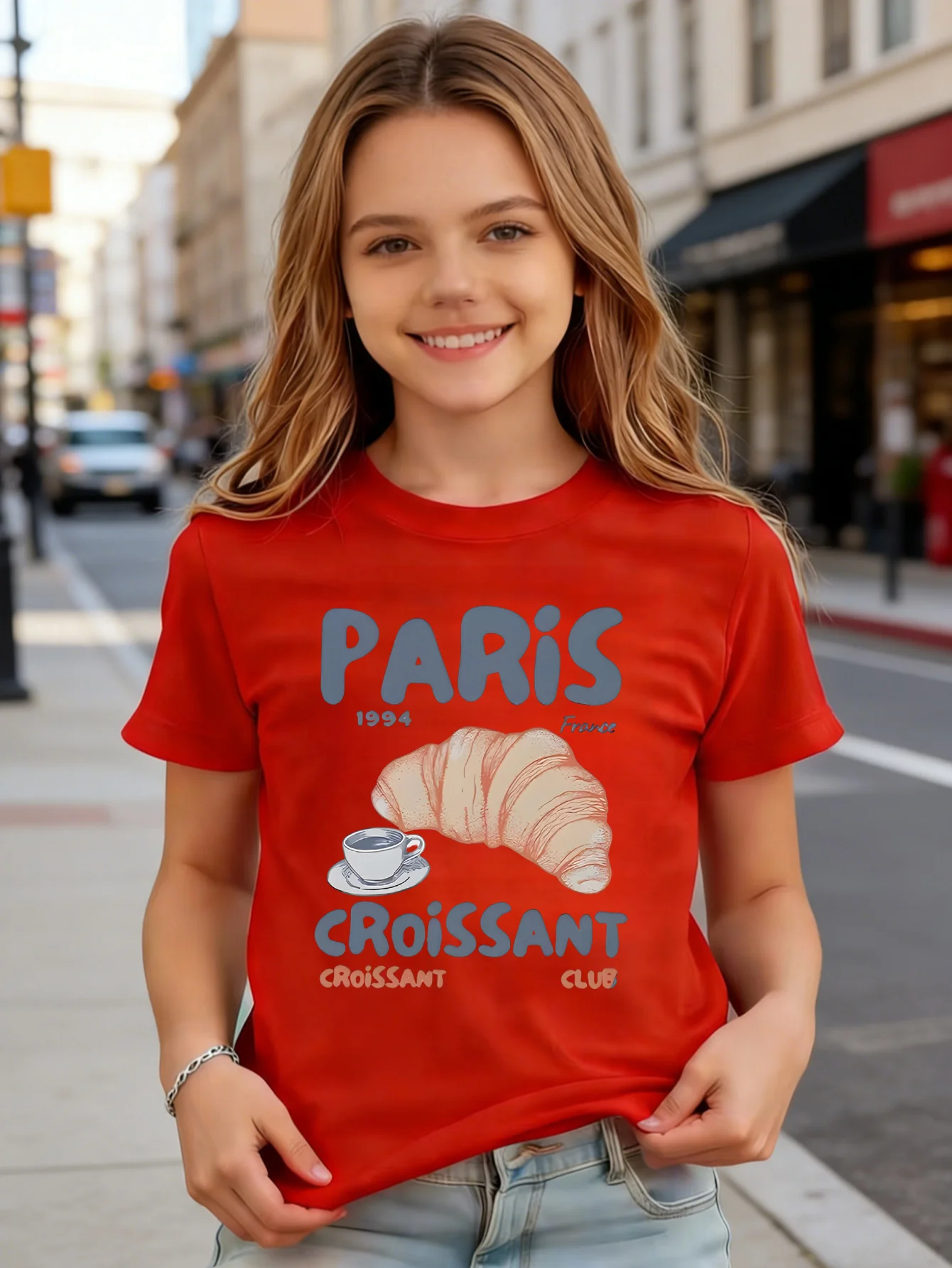 Paris Croissant Club Kids Food Letter Graphic Print Boys Girls Family Matching Cotton Summer Short Sleeve Basic Children Tshirt