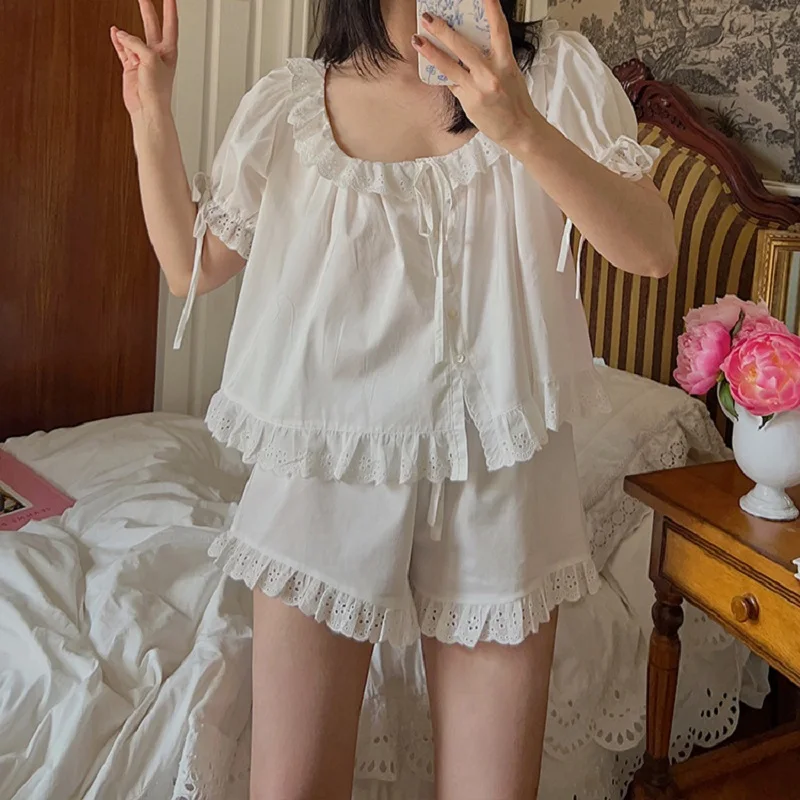 Vintage White Cotton Shorts Pajamas Sets For Women Delicate Sweet Sleepwear Suits Summer Girls Nightwear