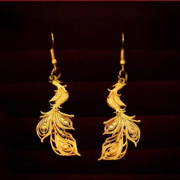 

Ancient 18K gold ring color phoenix earrings for women, retro palace style and national trend filigree phoenix feather earrings