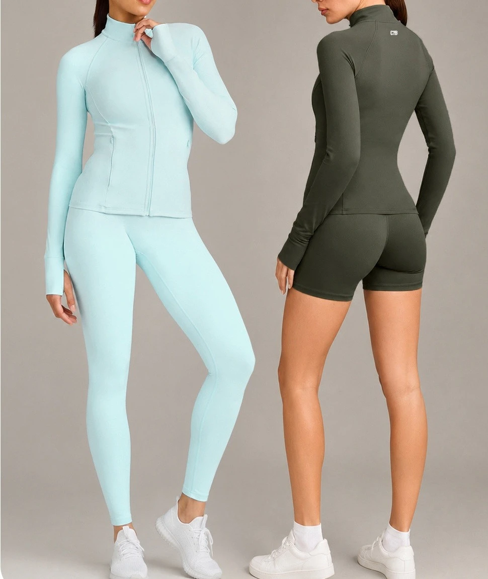 C-B Women Stand Collar Zip Up Yoga Jacket Slim Long Sleeve Fitness Top High Waist Leggings Sports Shorts Gym Running Activewear