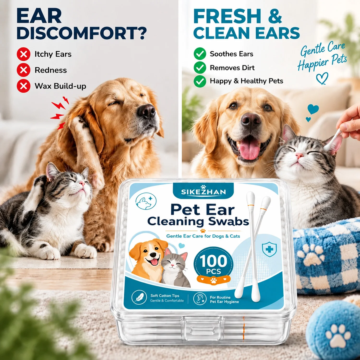 Pet Ear Cleaning Swabs for Dogs & Cats, Safe Cotton Buds Earwax Remover, Gentle Routine Grooming Hygiene Care Tools, 100Pcs