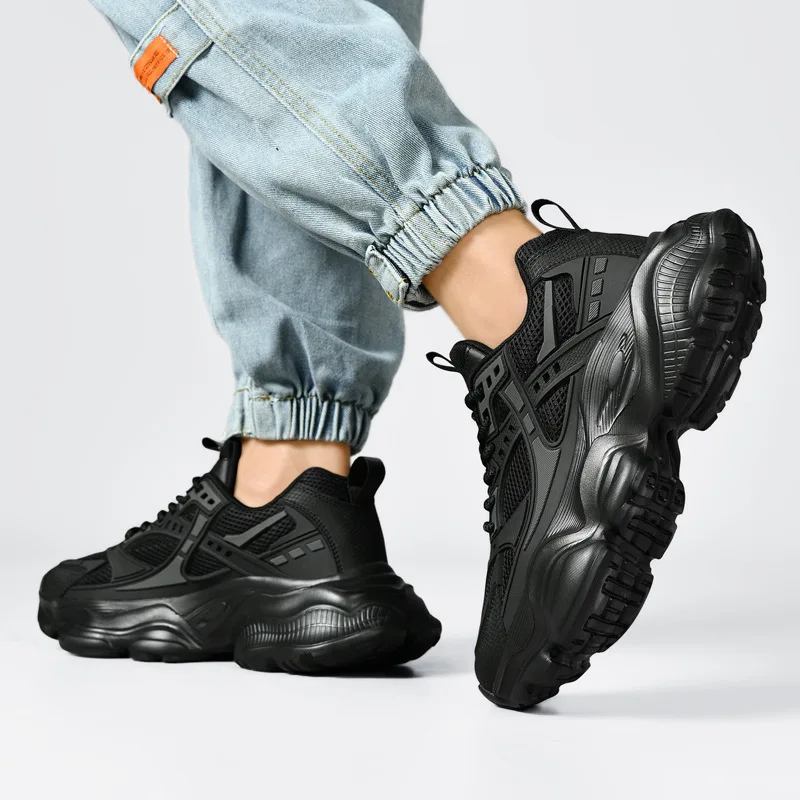 Men's Large Size 48 Size Light Shock Absorbing Shoes Black Thick Sole Height-enhancing Sneakers Autumn Trendy Versatile Men Shoe