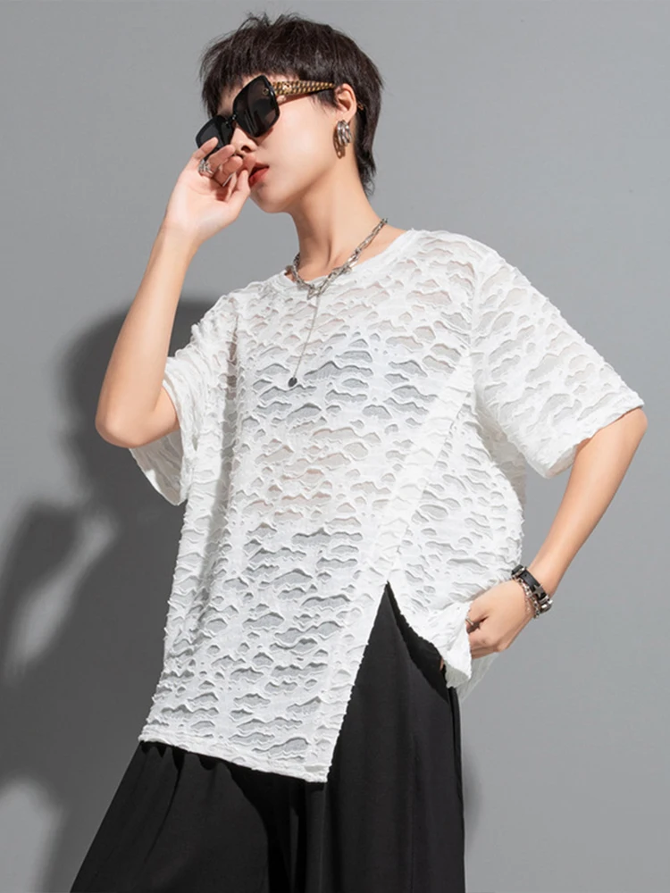Amax luluE 2025 Spring Womens Fashion Mesh Design Punk T-shirts Loose Casual Lace Tops Ladies Sexy Casual Classic O Neck Clothes