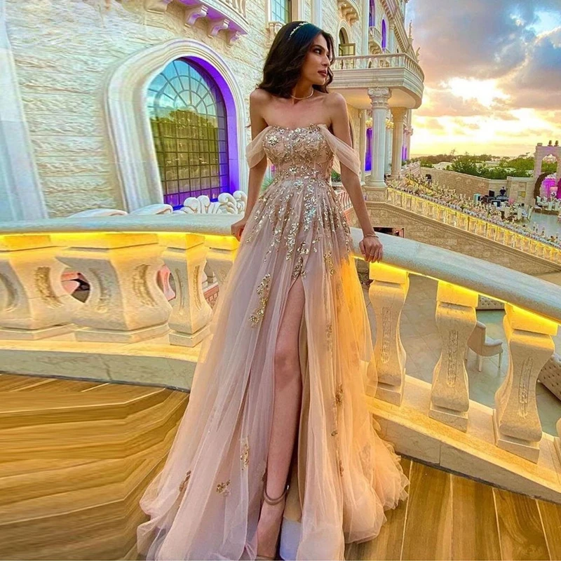 KSDN Off The Shoulder Evening Dress Split Floor Length Appliques Strapless Casual Special Party Custom Made فساتين سهره فاخره