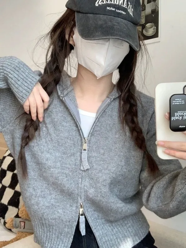 Cárdigan Abierto de Punto con Capucha Estilo Casual para Mujer, Gris, Versátil, Holgado, Manga Corta, Cremallera Larga, Chaqu...