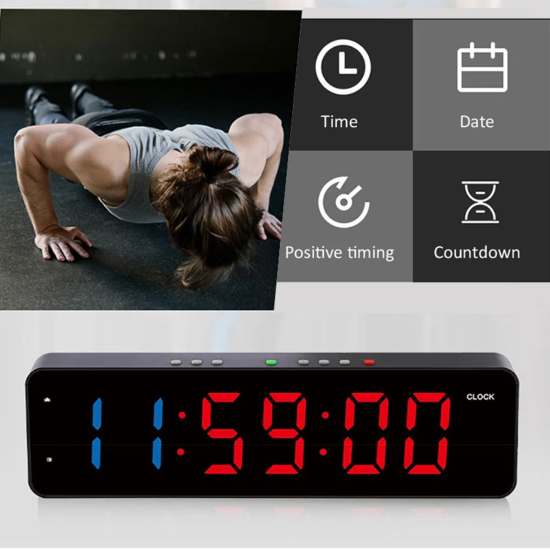 Gym Timer Large LED Wall Clock Gym Interval Timer Count Down&Up Stopwatch Time Date Temp Display Digital Timer for Fitness Home