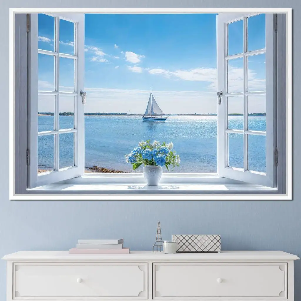 Azure Breeze Window View Coastal Decor Large size Seascape Art Nautical Print Summer Vibes Home Decor Tranquil Marine Art Poster