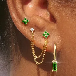 3PCS New Fashion Four Zircon Flower Hoop Earring Set For Women Stainless Steel Double Stud Chain Tassel Huggie Piercing Jewelry