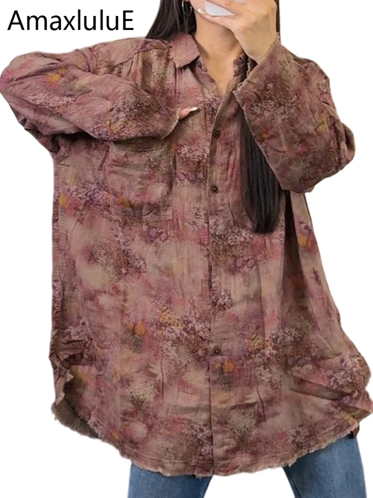 

Amax LuluE 2026 Korean Vintage Shirts Spring Ladies Loose Casual Linen Cotton Tops Womens Casual Printed Classic Luxury Blouses