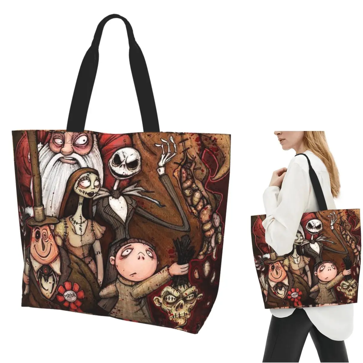 

Nightmare Before Christmas Cartoon Shopping Tote Bag Canvas Large Capacity Shoulder Bags Shopper Grocery Handbag for Women