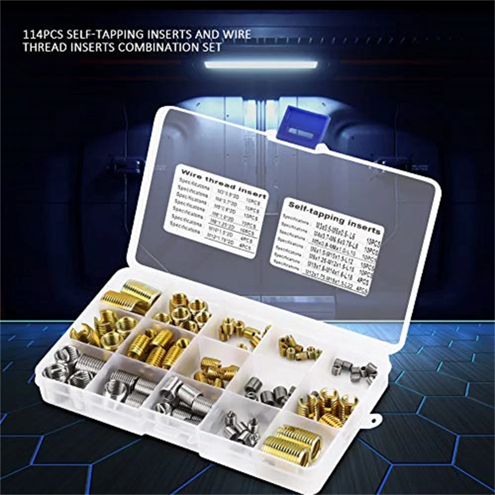 116pcs Self Tapping Thread Slotted Inserts and Steel Wire Thread Inserts Combination Set, Thread Repair Tools for 2D M3-M12