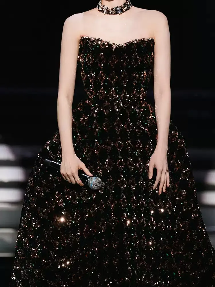 Black with Gold Green Sequined Evening Dresses High Waist Long Prom Gowns