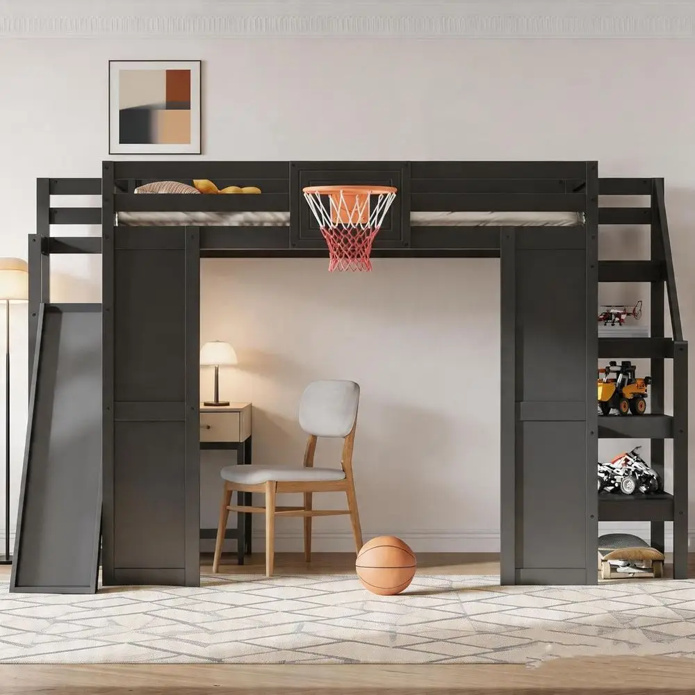 

All-in-One Kids Loft Bed with Slide, Desk, Basketball Hoop, Storage, and Stairs in Black