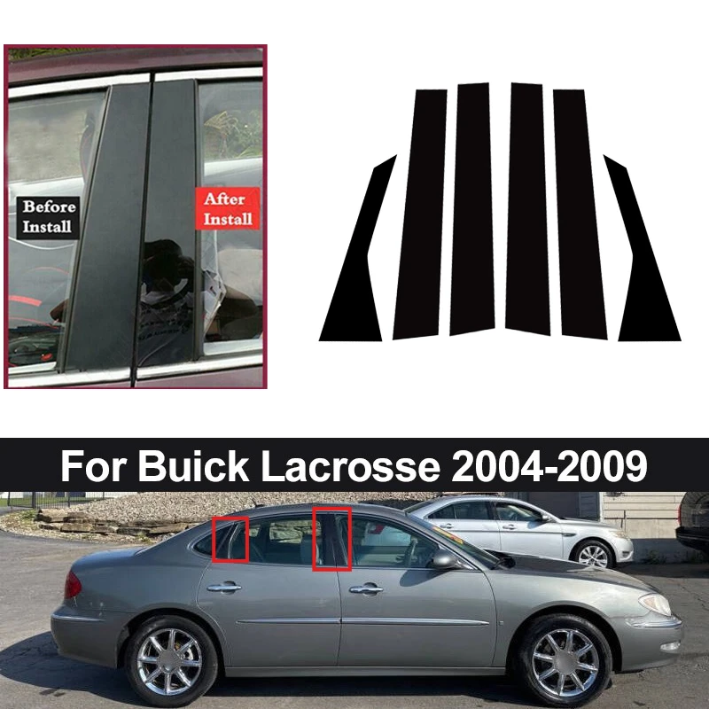 6pcs/set Glossy Black Car Pillar Posts Door Window Trim Cover Kits B C Column Stickers Accessories For Buick Lacrosse 2004-2009