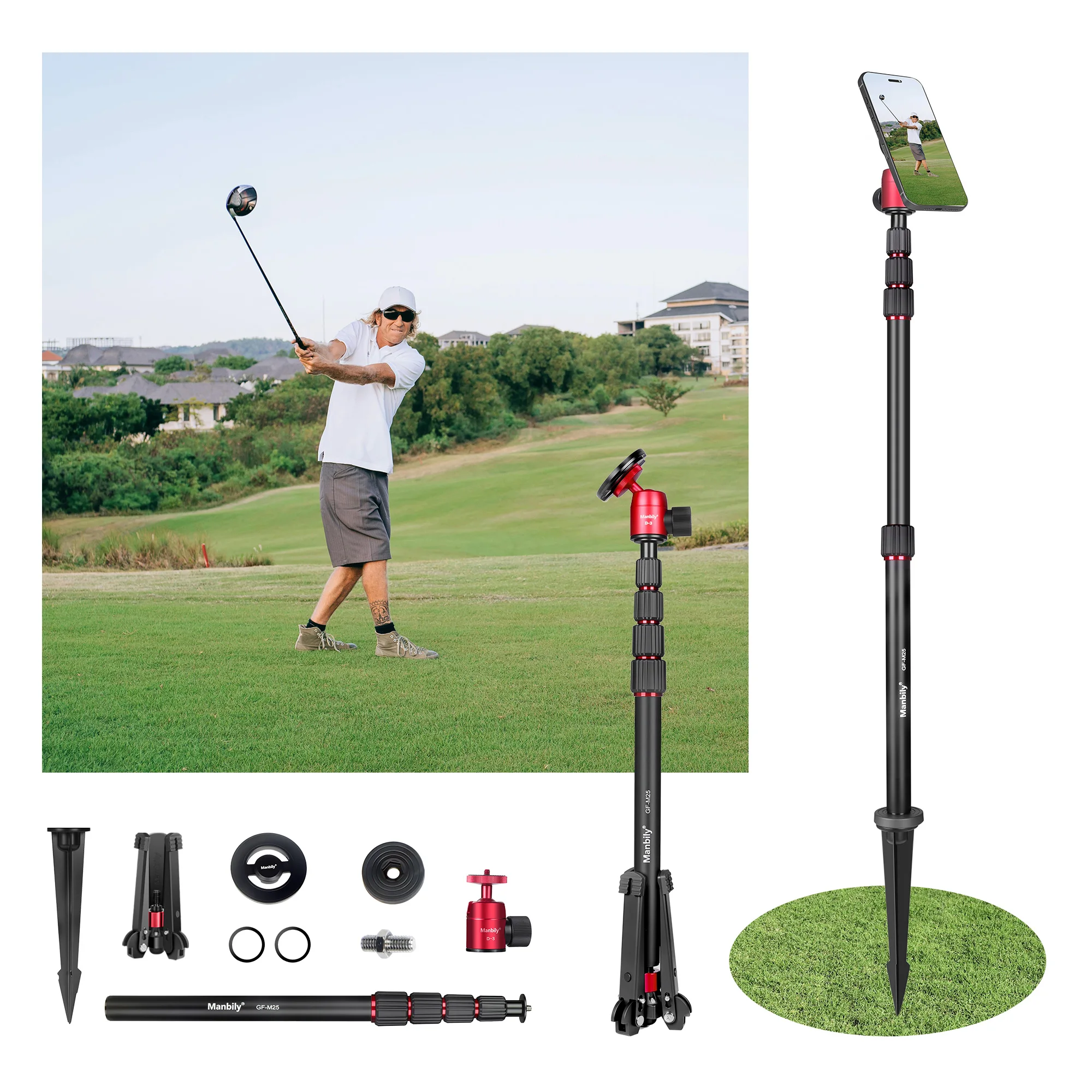 

Manbily Aluminum Monopod Tripod Selfie Stick For Golf iPhone Gopro Camera Recording Life GF-M25 Magnetic With Tripod Stand Base
