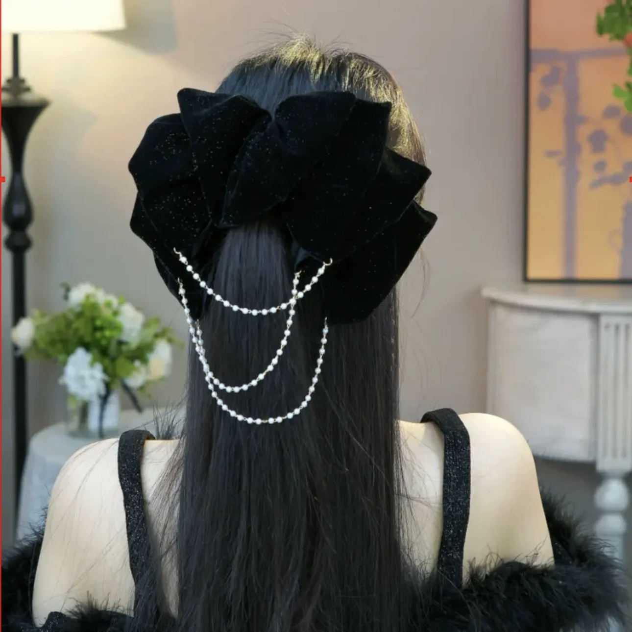 Female Kawaii Sparkling Velvet Bow Hair Accessories for Autumn and Winter Women Pearls Hairpins Barrettes Adult New Headwear